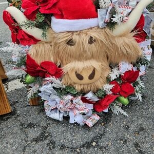 Festive Highland Cow Holiday Wreath with Red Accents
